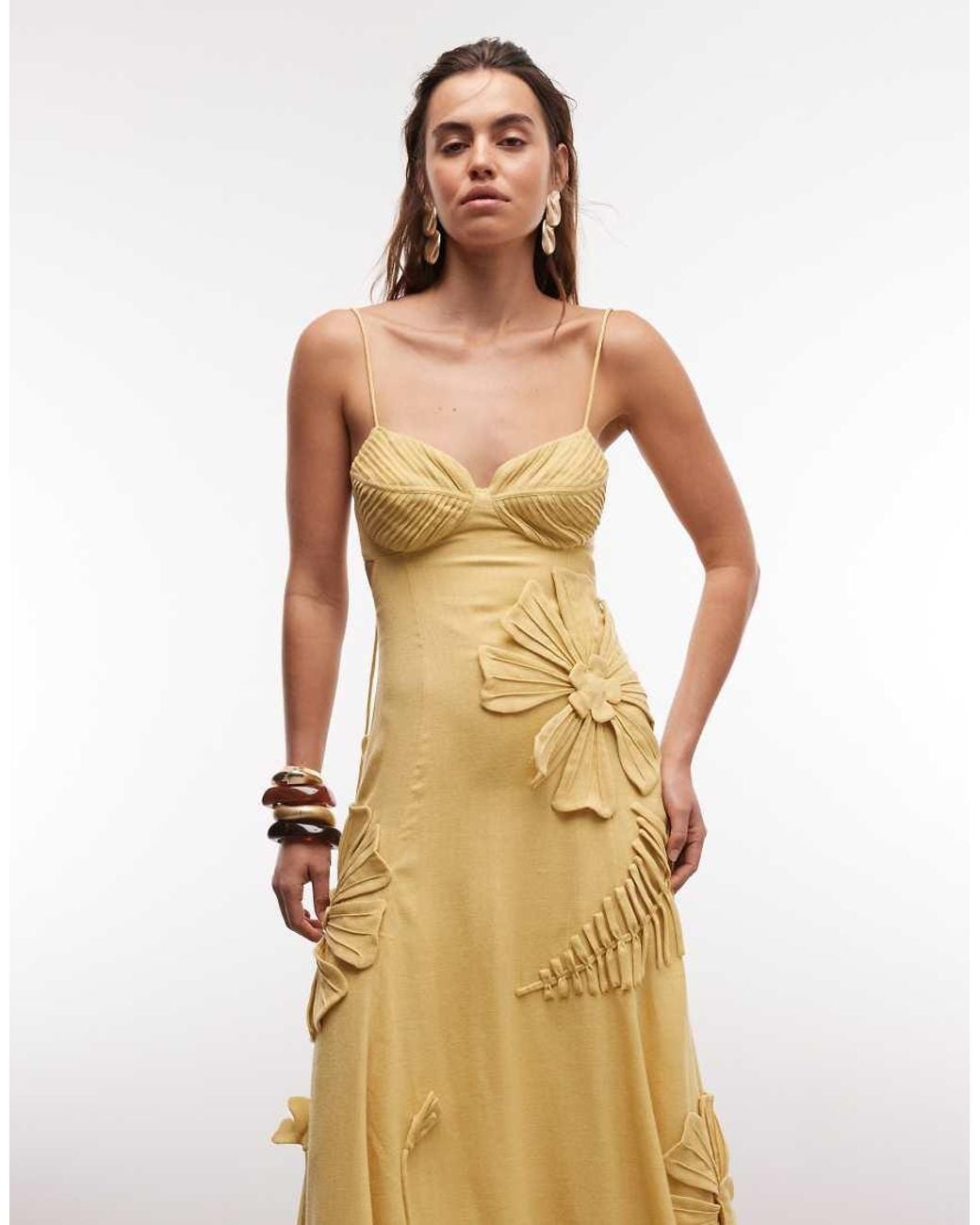 ASOS Natural Cami Maxi Dress With Floral Applique And Pleat Bust Detail