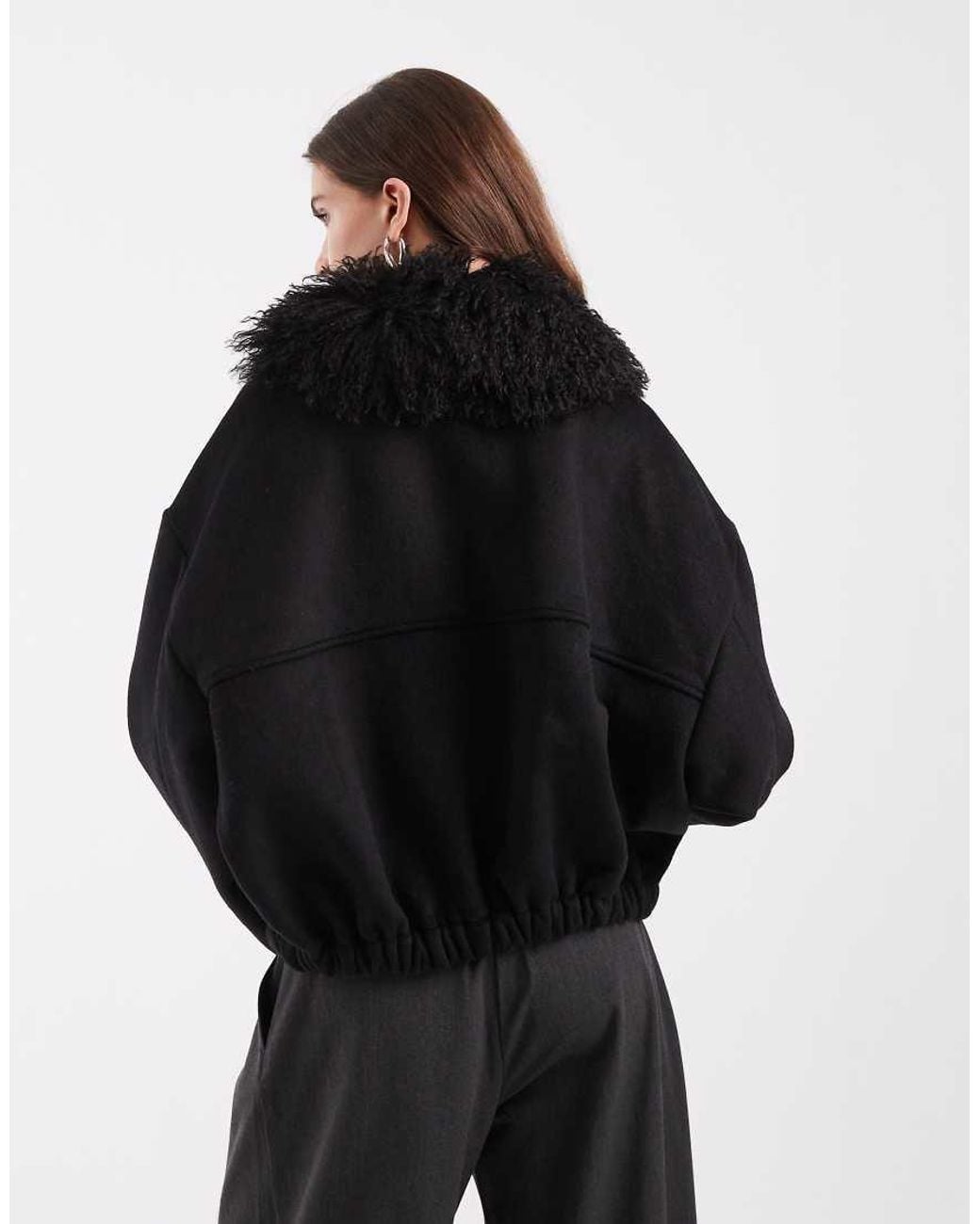 Object Black Zip Front Bomber Jacket With shaggy Collar