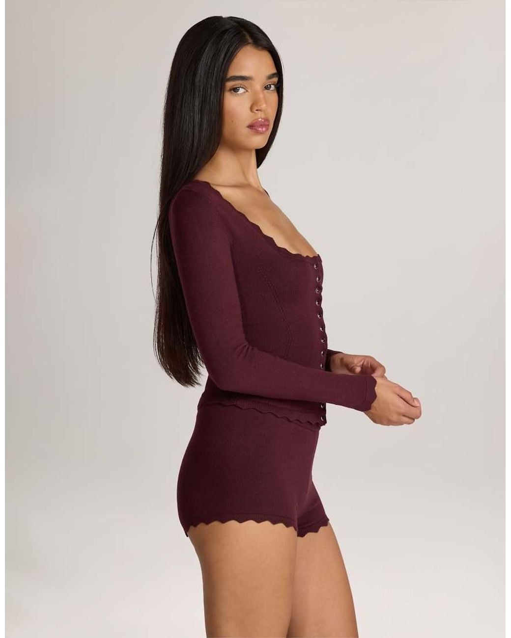 Oh Polly Purple Square Neck Scalloped Edge Long Sleeve Cardigan