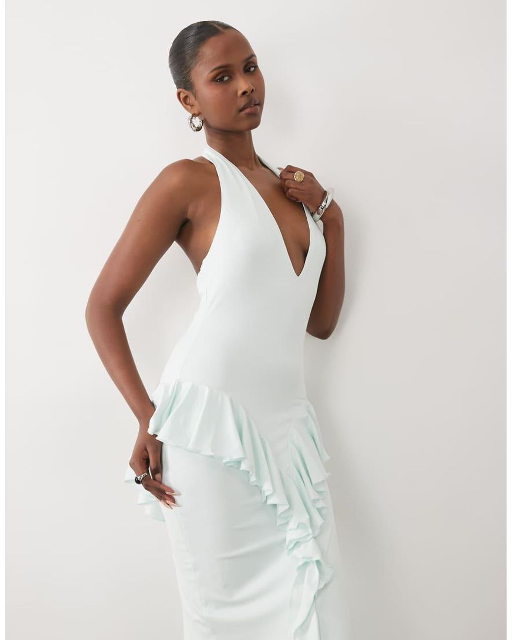Ruched & Ready White Sculpting Jersey Halterneck Open Back Ruffle Drape Detail Maxi Dress