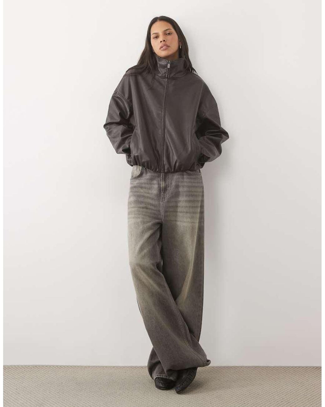 Object Gray Leather Look Funnel Neck Jacket