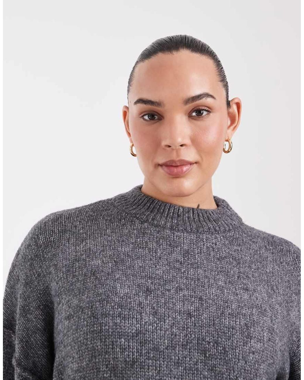 Noisy May Gray Boxy Drop Shoulder Crew Neck Knit Jumper With Exposed Seams