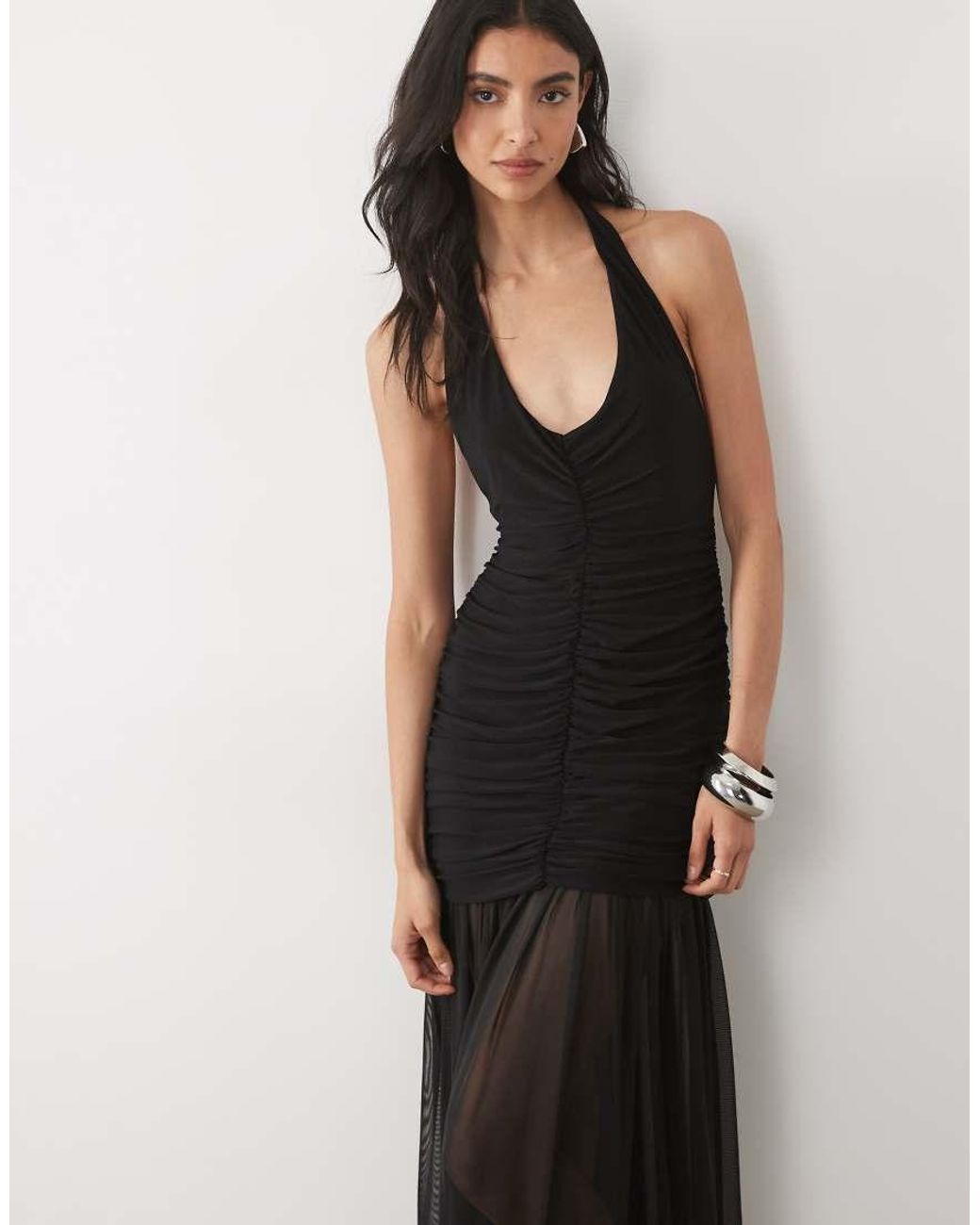 ASOS White Halter Neck Ruched Maxi Dress With Sheer Skirt