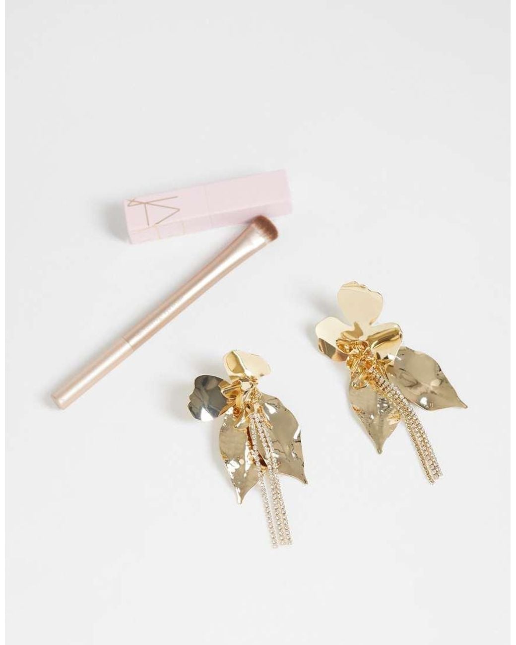 ASOS Metallic Statement Petal Drop Earring With Diamante Detail