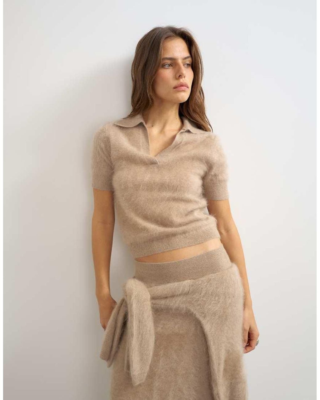 TOPSHOP Brown Knitted Mix And Match Brushed Pure Cashmere Premium Polo Top