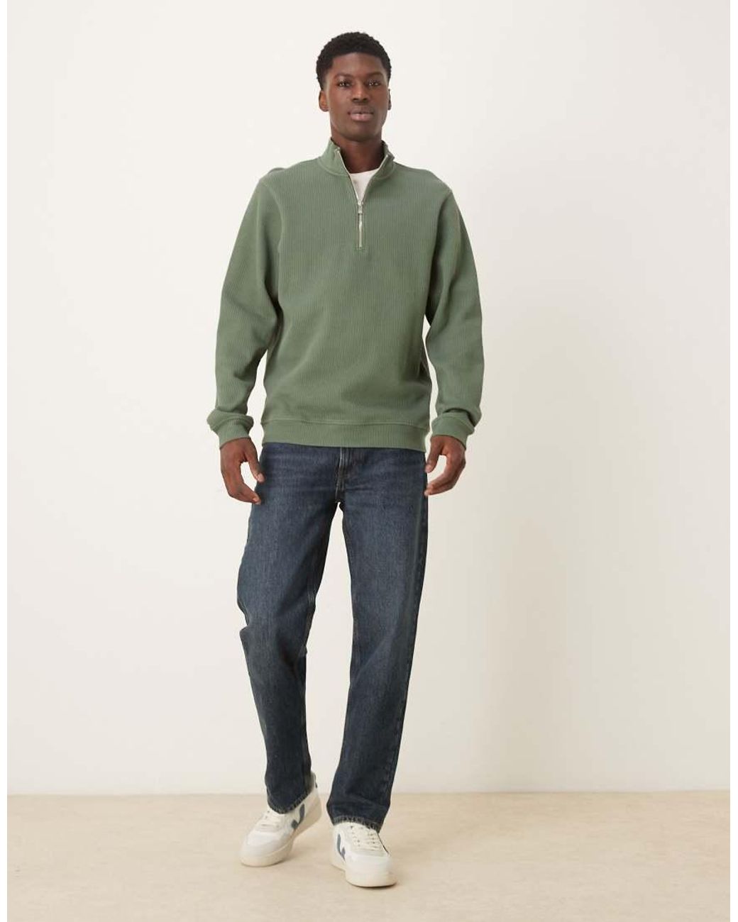 ASOS Green Quarter Zip Ribbed Sweatshirt for men