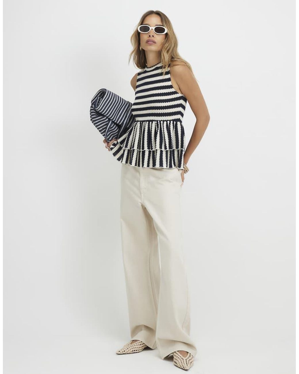 River Island Blue Stripe Textured Peplum Top
