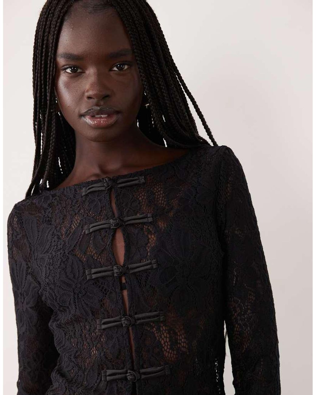 Pieces Black Mandarin-style Fastened Longline Lace Top