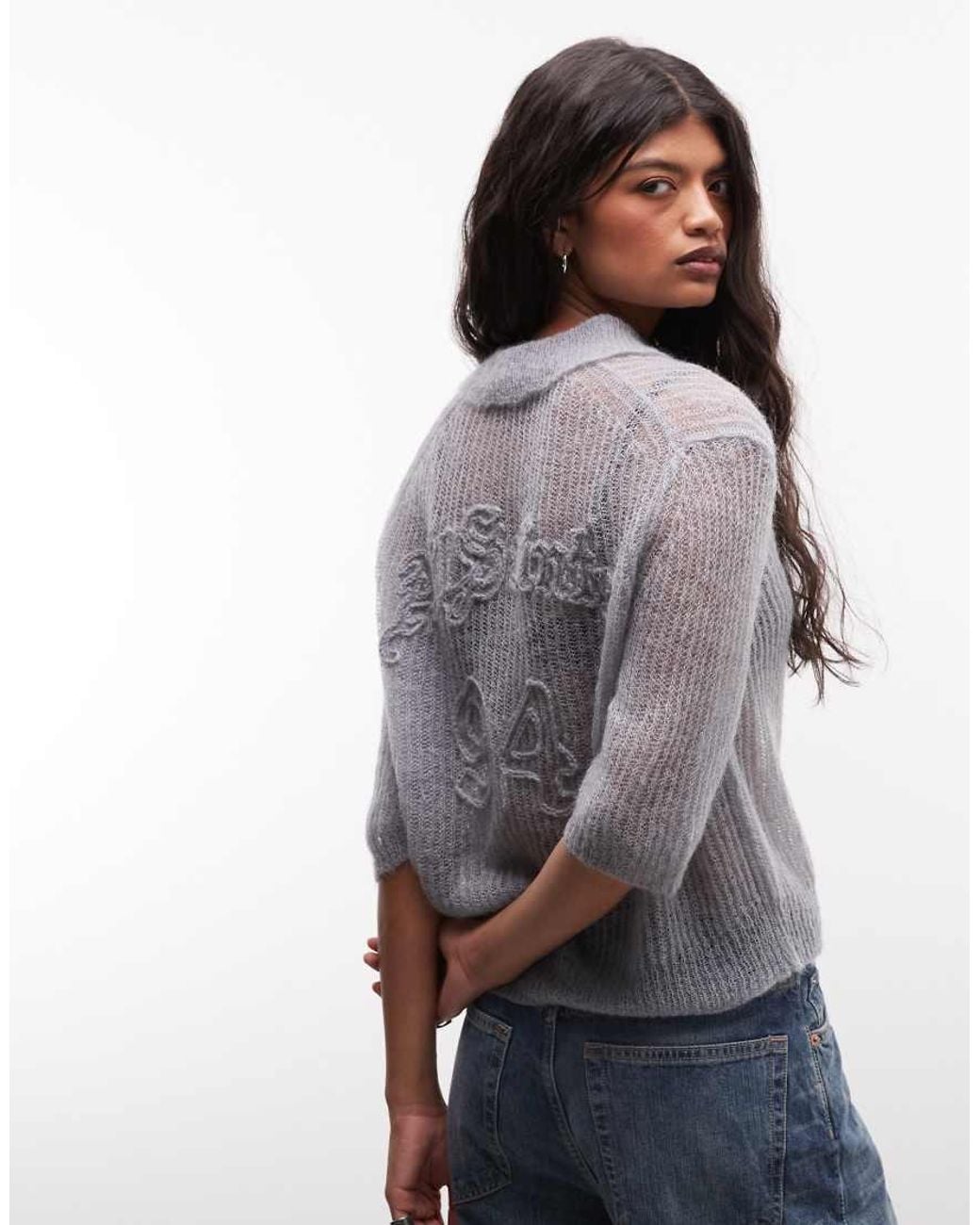 AllSaints Gray Anabel Logo Light Knit Polo With Stitch Detail