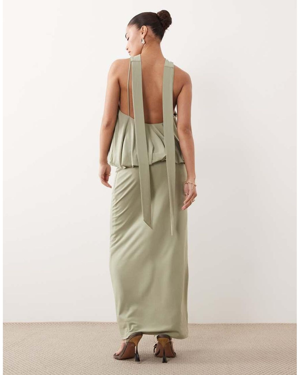 TFNC London Green Slinky High Neck Halter Detail Backless Maxi Dress