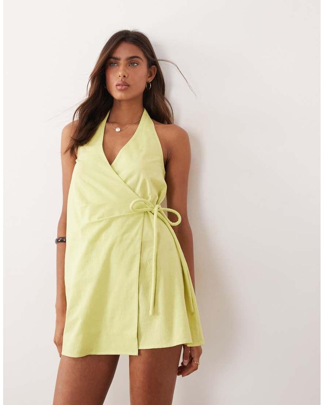 ASOS Natural Cotton Linen Halter Neck Wrap Mini Sundress