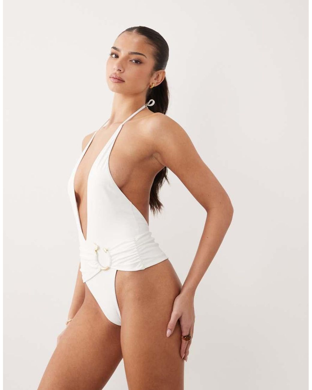 Oh Polly White Snake Detail Plunge Halter Neck Swimsuit