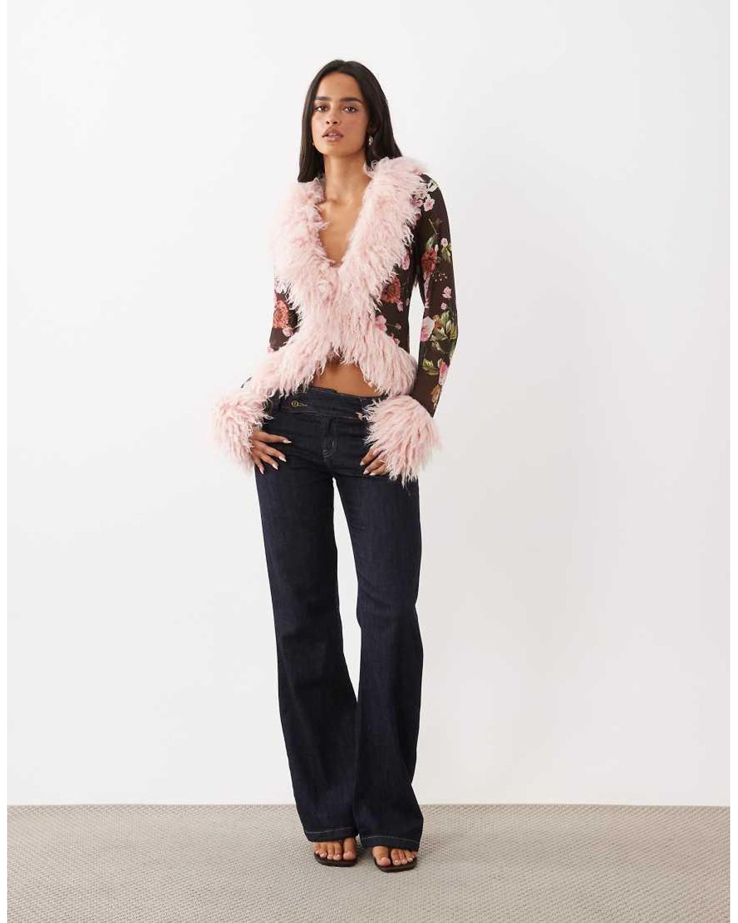 AFRM Natural Simone Mesh Faux Fur Trim Long Sleeve Top