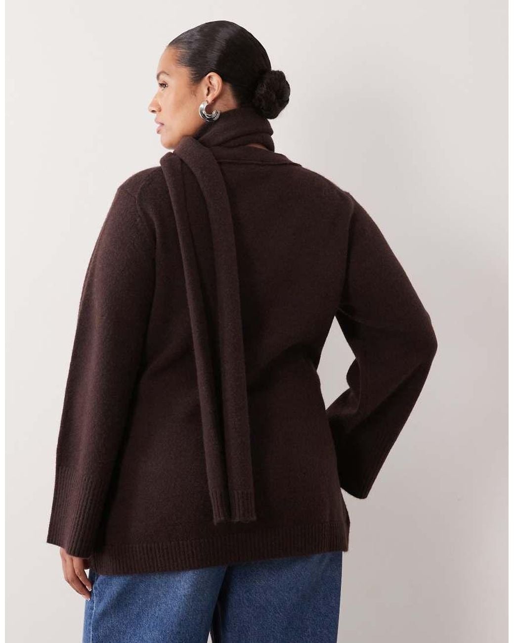 Pretty Lavish Curve Brown Knit Scarf Detail Cardigan