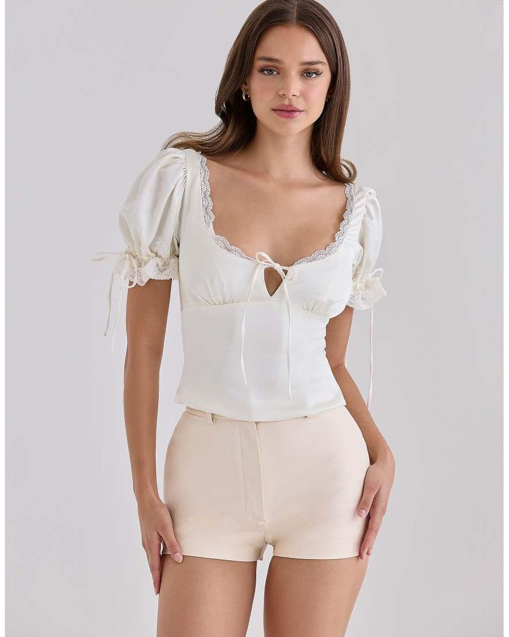 House Of Cb White Elisabetta Ivory Satin Puff Sleeve Lace Trim Top