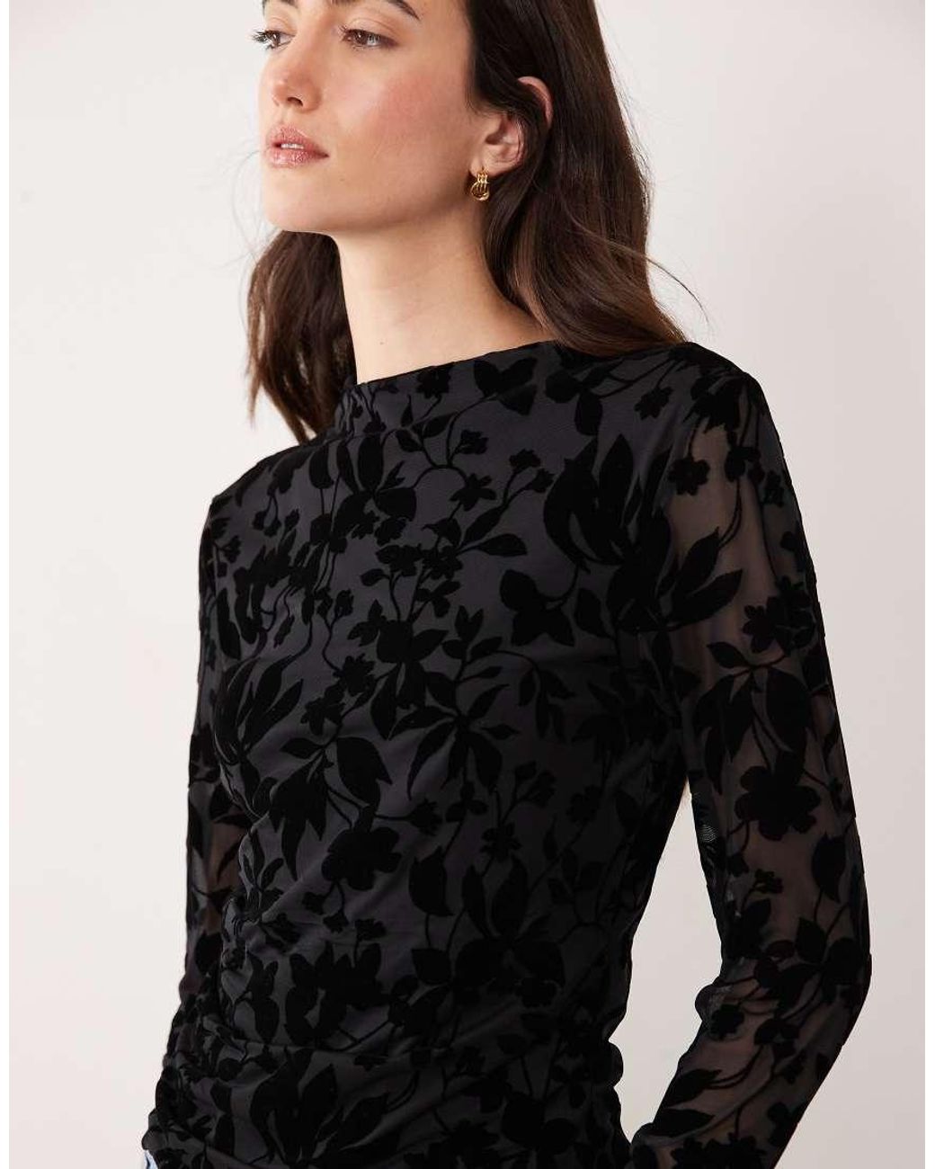 Vila Black High Neck Ruched Velvet Devore Mesh Top