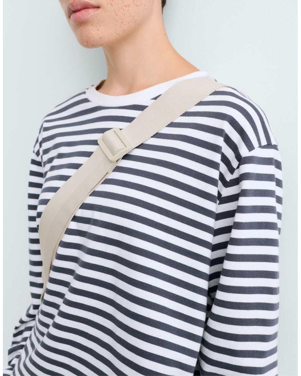 Oysho White Striped 100% Cotton Boxy Long-sleeved T-shirt