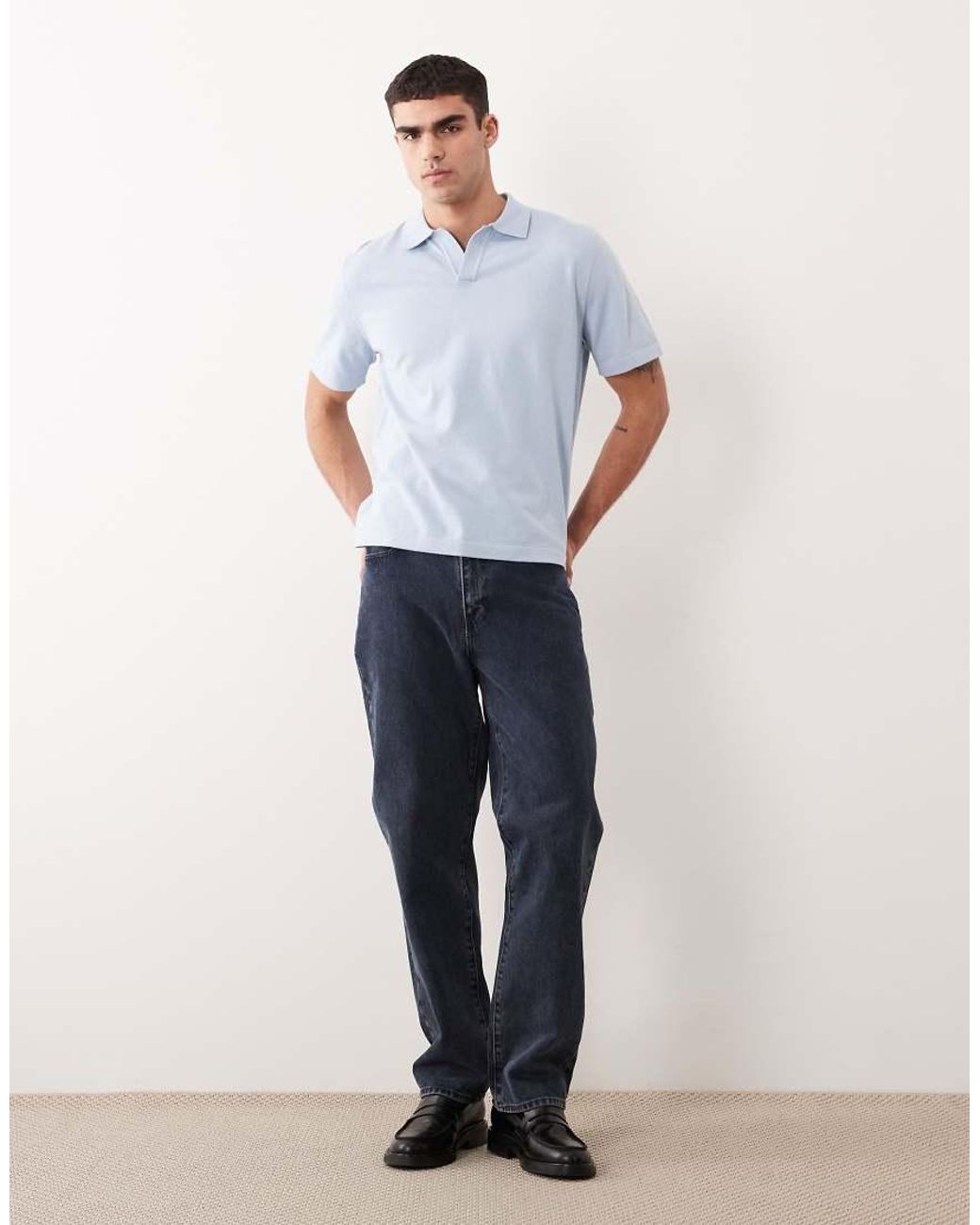ASOS Blue Essential Relaxed Fine-knit Notch Polo for men