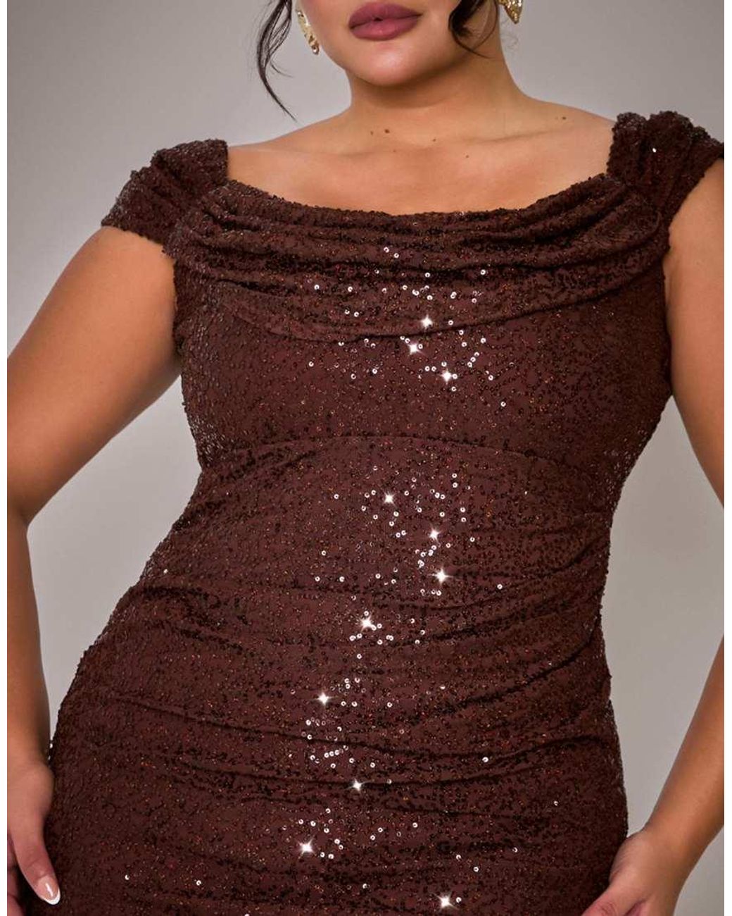 Goddiva Brown Curve Cap Sleeve Iridescent Sequin Cowl Maxi Dress