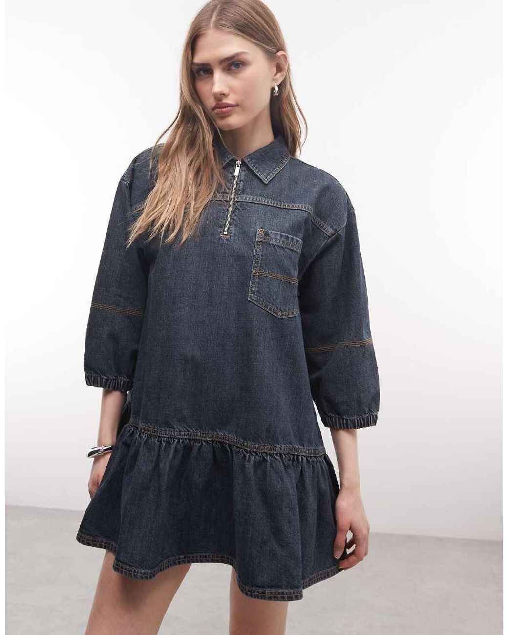 Collusion Blue Smock Dress With Puff Sleeves