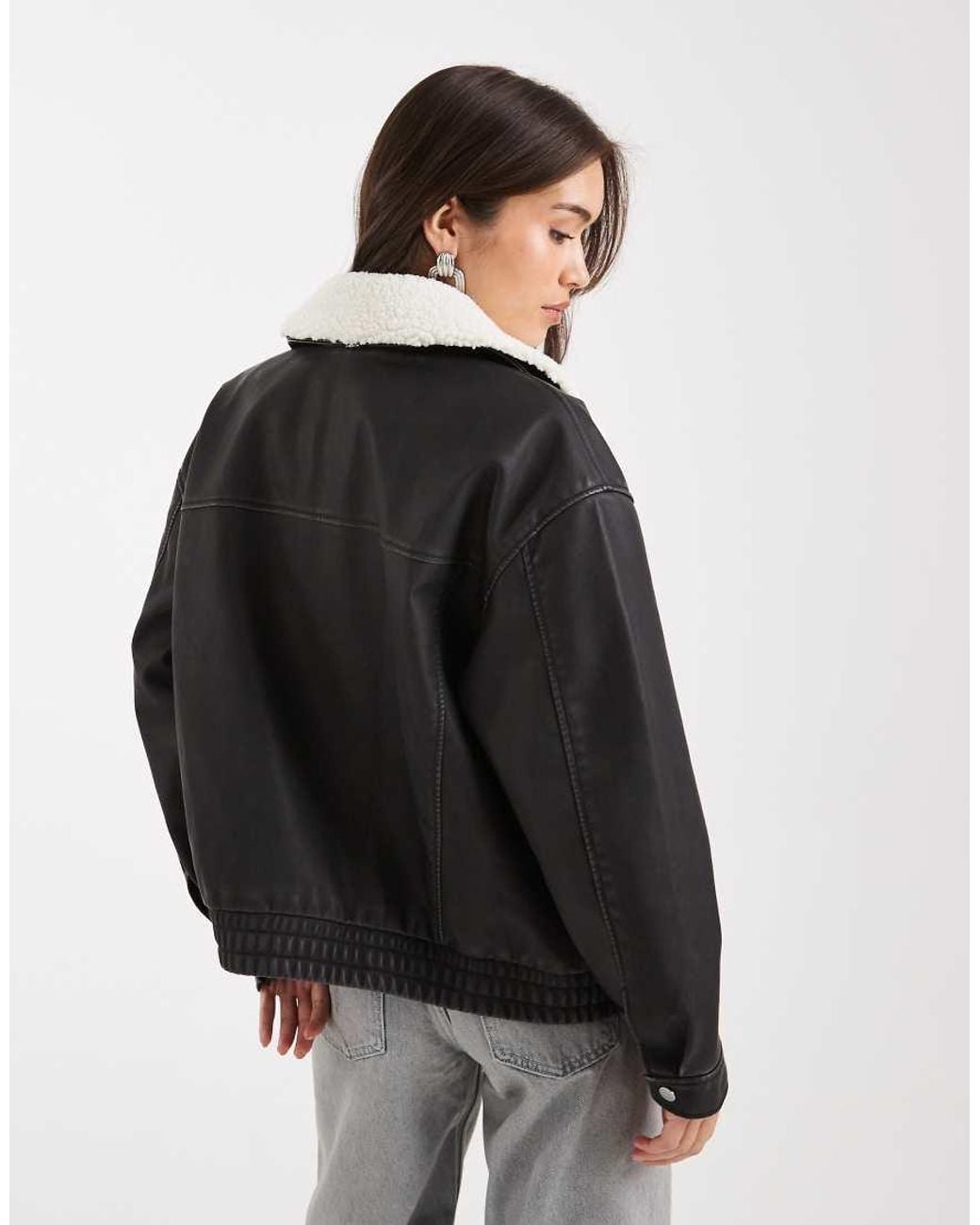 Hollister Black Sherpa Collar Faux Leather Bomber Jacket