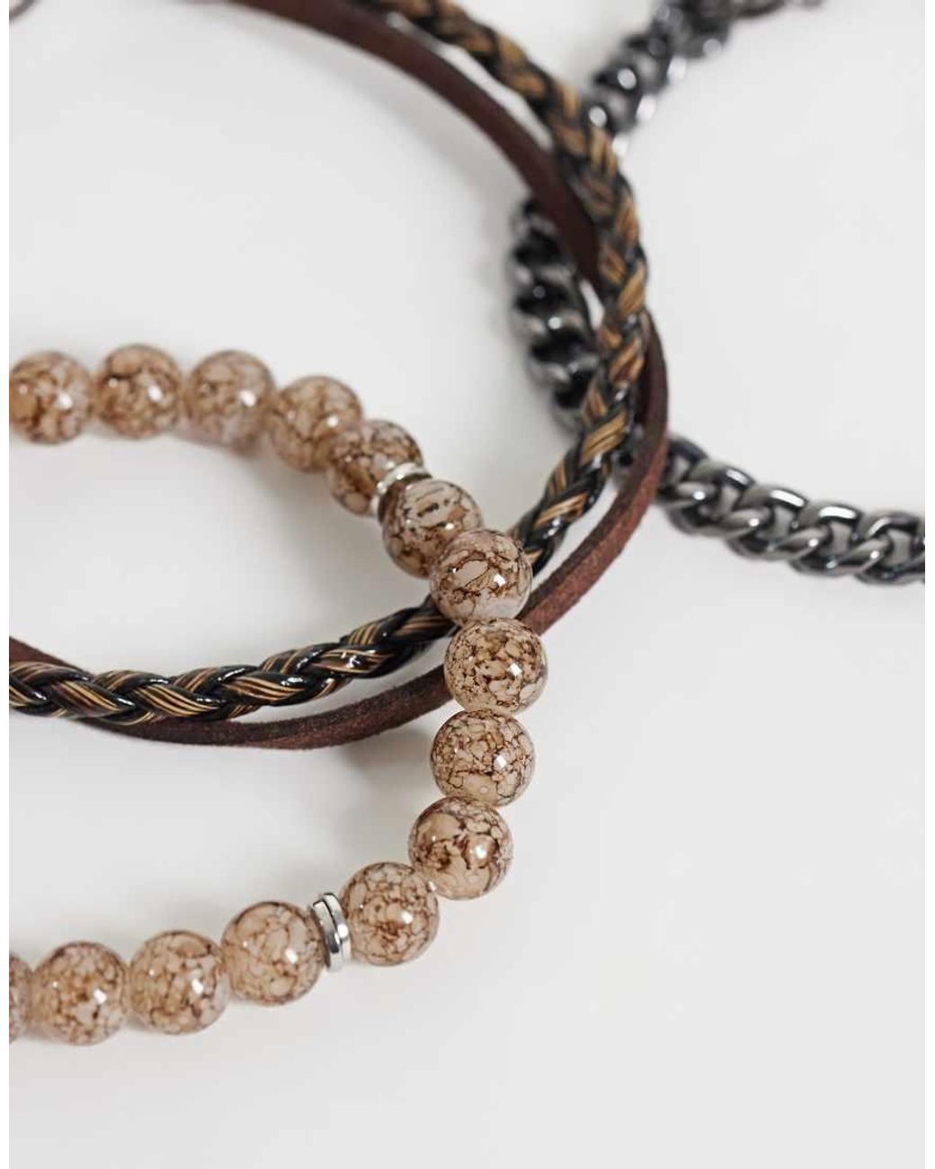 ASOS White 4 Pack Light Brown Beaded Chain And Faux Leather Strap Bracelet for men