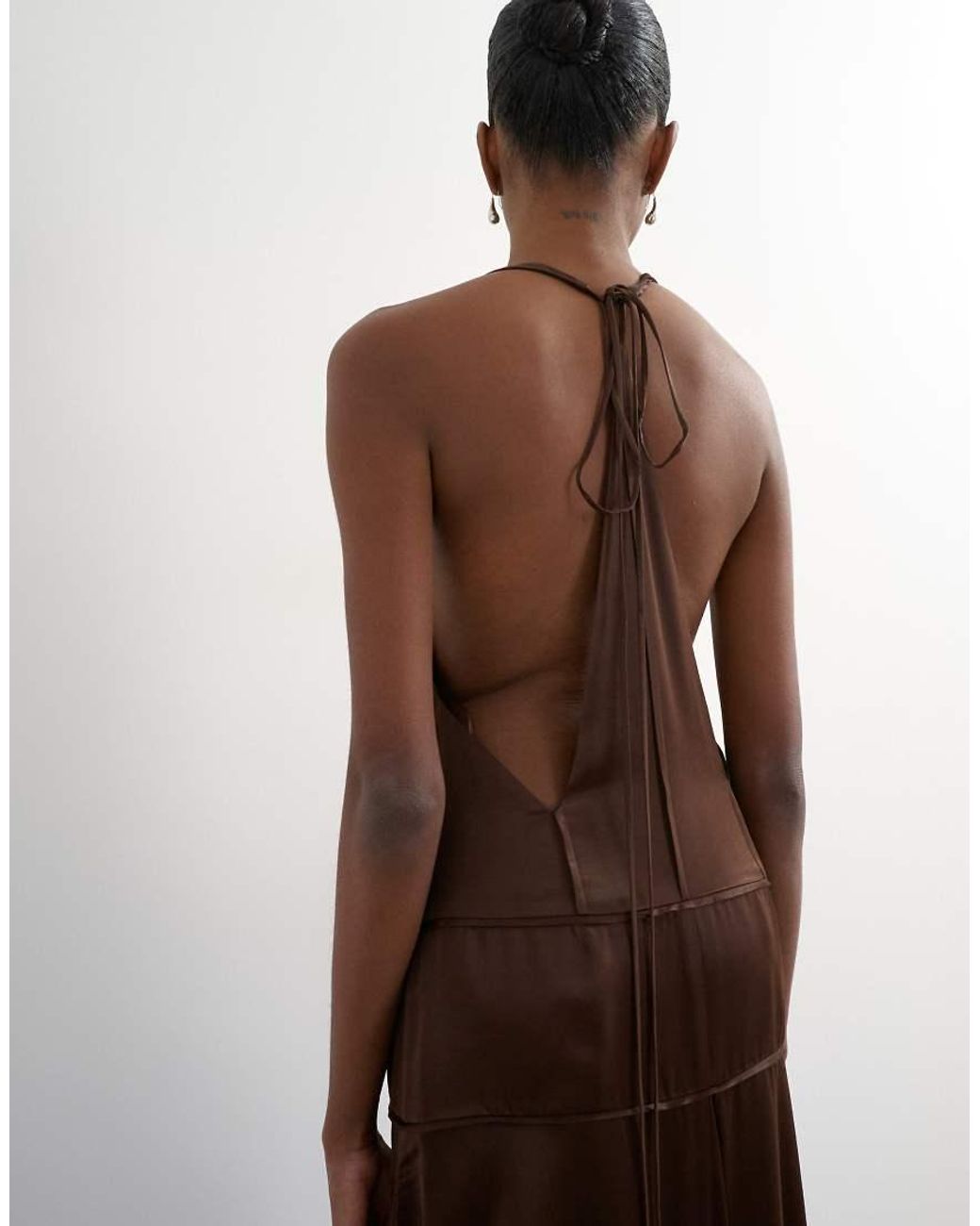 TOPSHOP Brown Satin Dropped Waist Low Armhole Maxi Dress