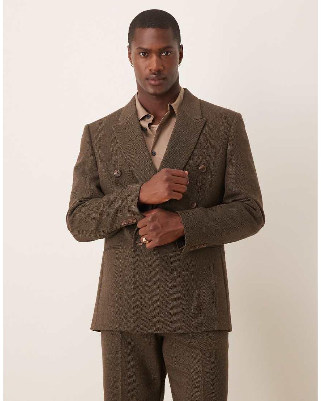 ASOS Brown Regular Herringbone Double Breasted Suit Jacket for men