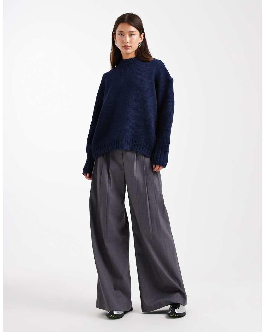 ASOS Blue Super Oversized Chunky Crew Neck Jumper With Curved Hem