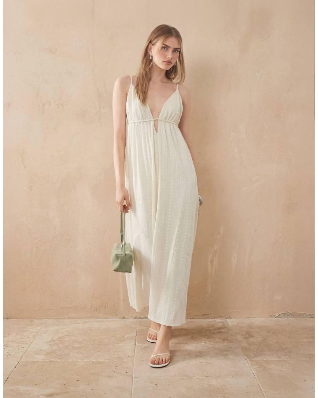 ASOS Natural Broderie V Neck Midi Dress