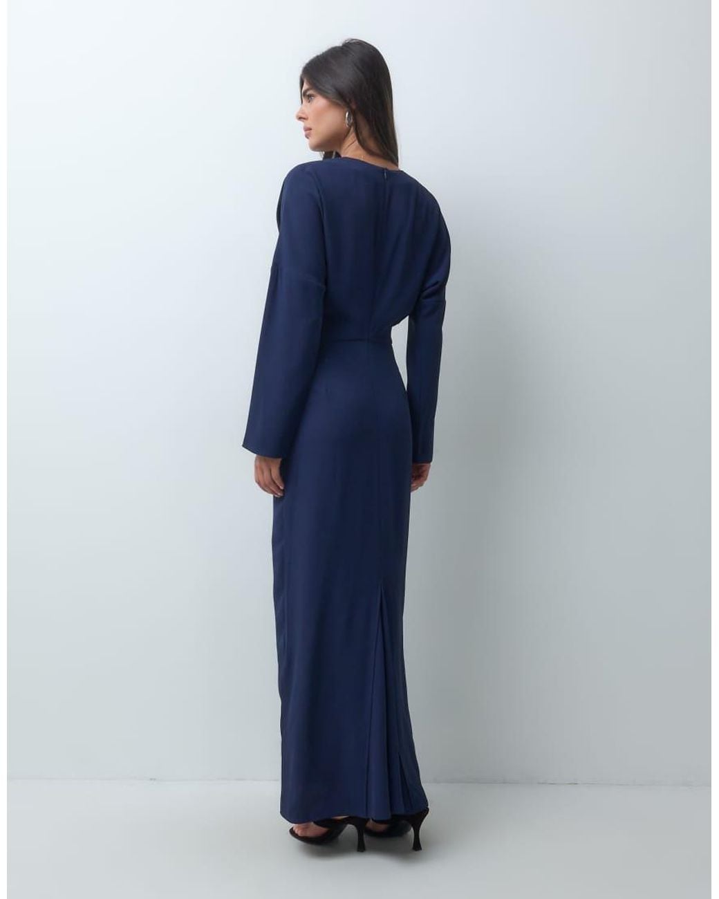 Iyal Blue Crepe Twist Front Detail Wide Sleeve Maxi Dress