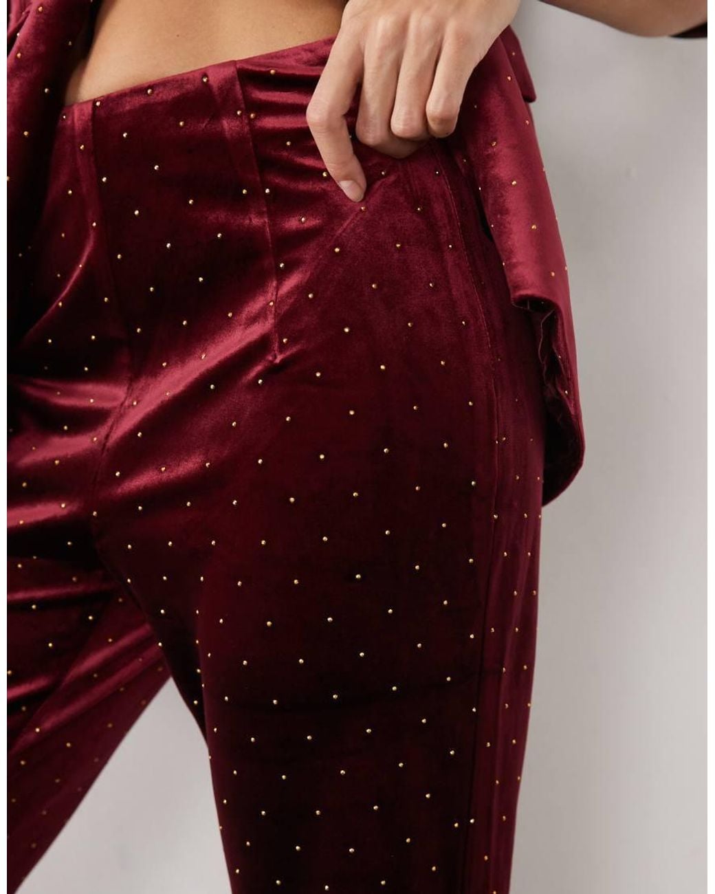 Never Fully Dressed Red Velvet Hot Fix Embellished High Rise Flare Trouser Co-Ord