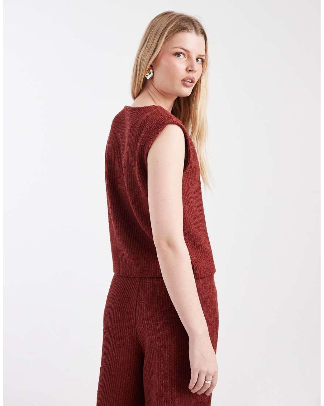 ONLY Red Rib Knit Vest Co-ord With Gold Button Detail