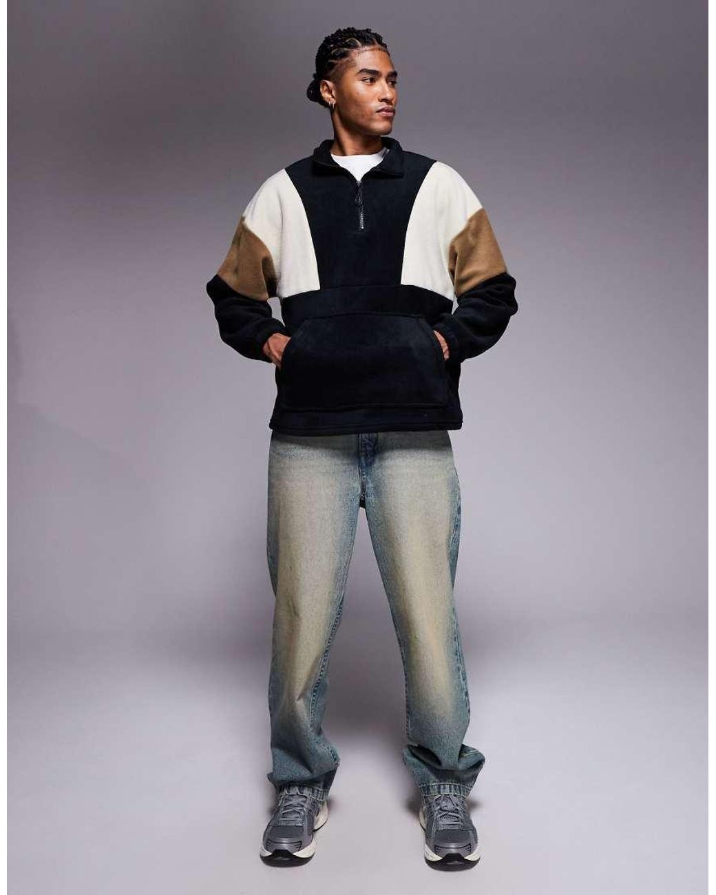 ASOS Blue Relaxed Quarter Zip Funnel Neck Fleece Sweatshirt With Colour Block for men