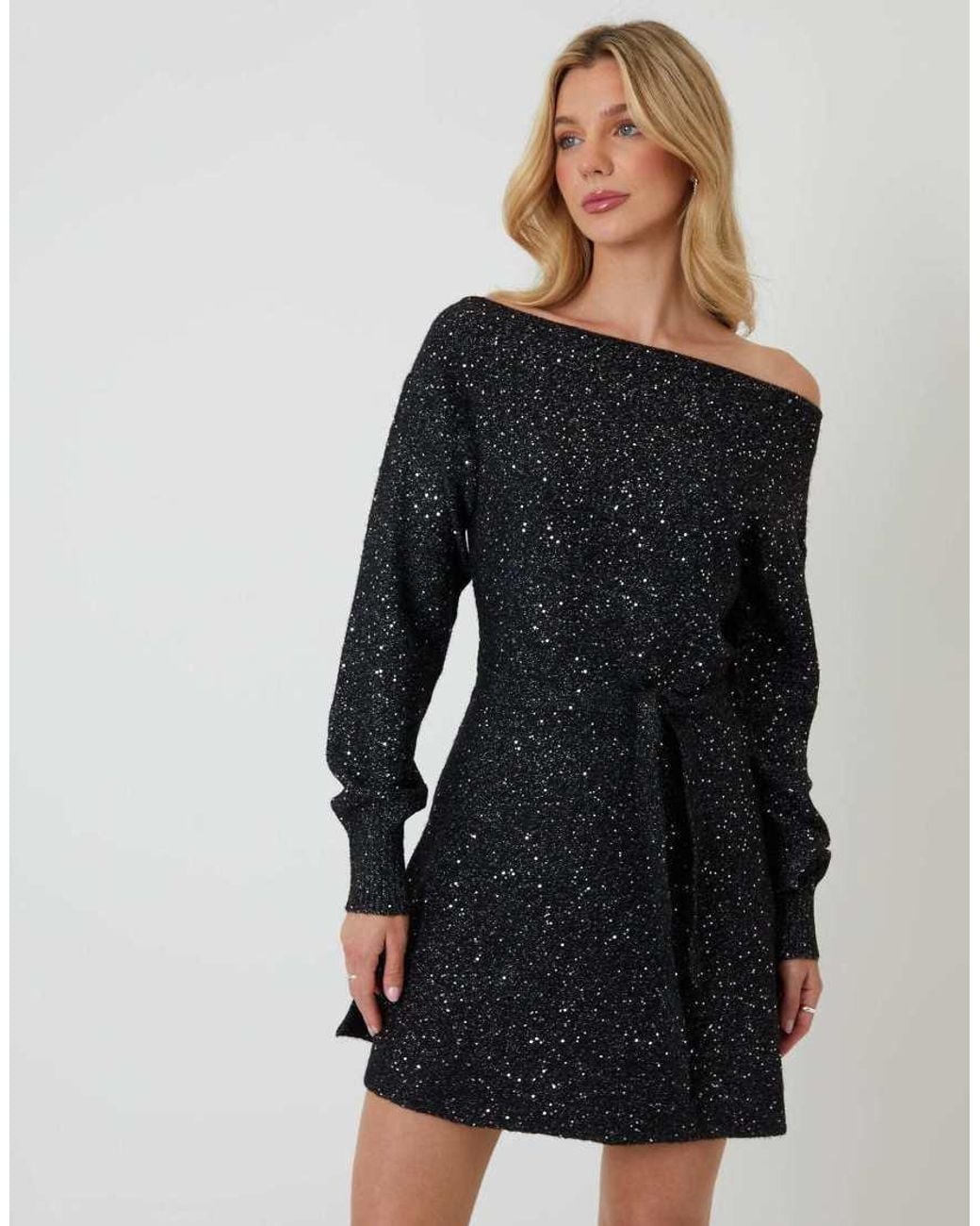 Threadbare Black Knitted Sequin Slash Neck Mini Dress