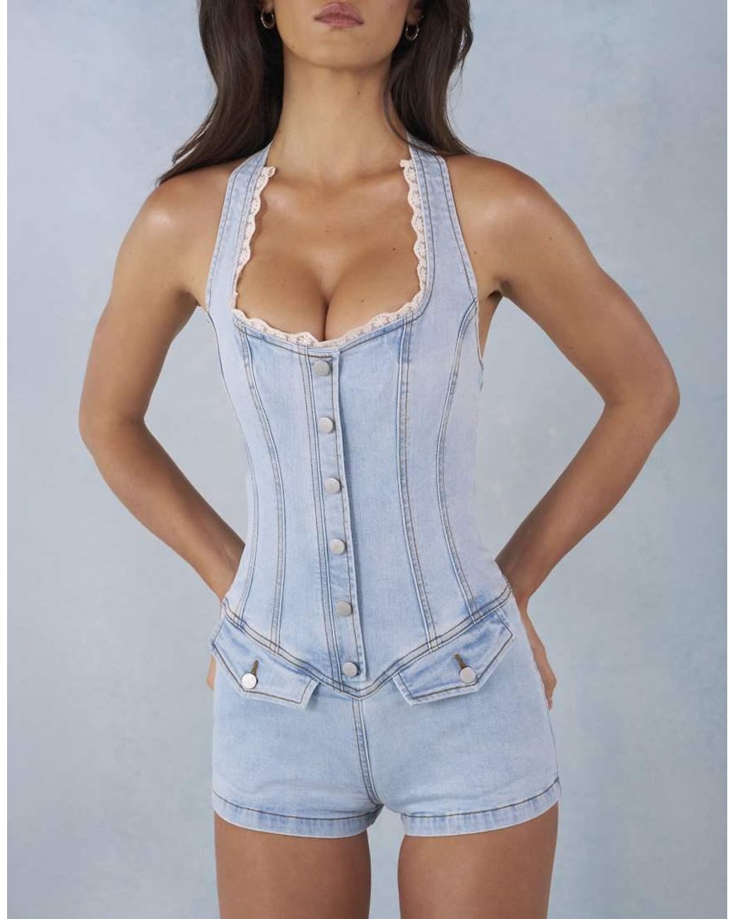Oh Polly Blue Denim Halter Neck Lace Detail Playsuit