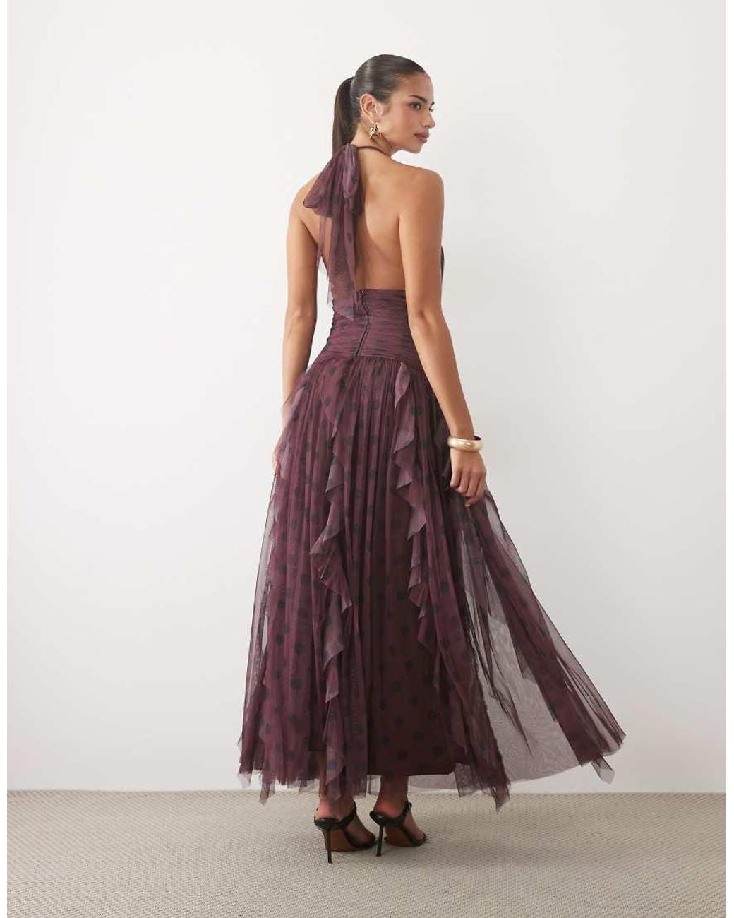 LACE & BEADS Purple Dobby Halter Neck Ruffle Skirt Maxi Dress