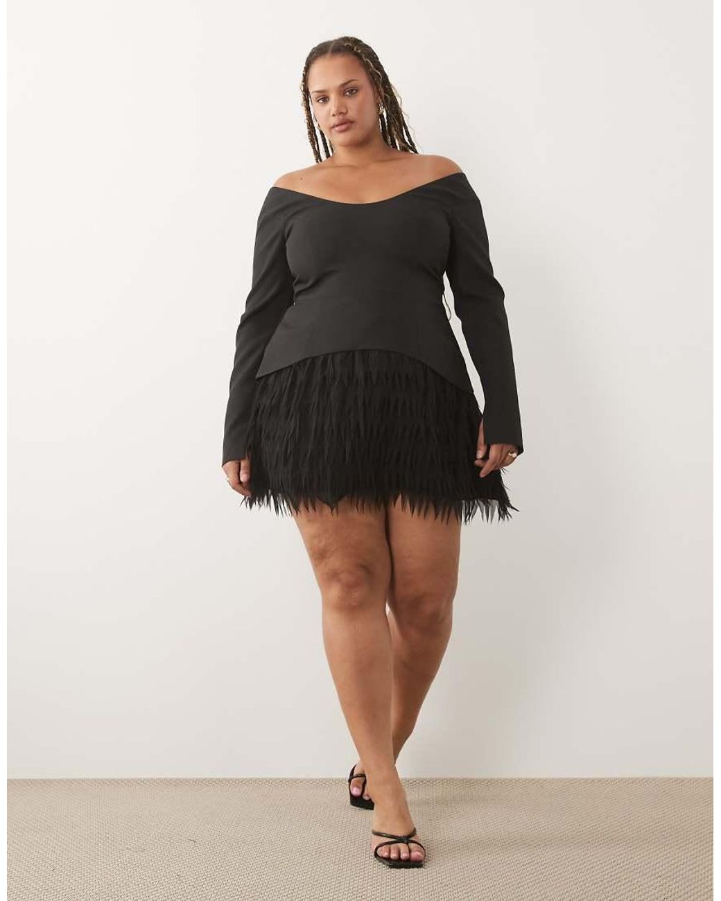 ASOS Black Curve Structured Long Sleeve Mini Dress With Faux Feather Skirt