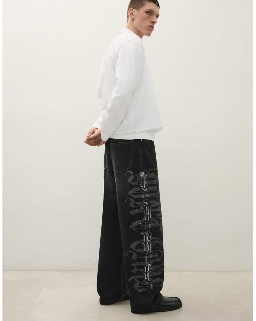Bershka Black Baggy Jeans With Star Patches for men
