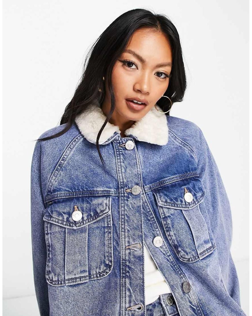 River Island Blue Borg Collar Denim Trucker Jacket