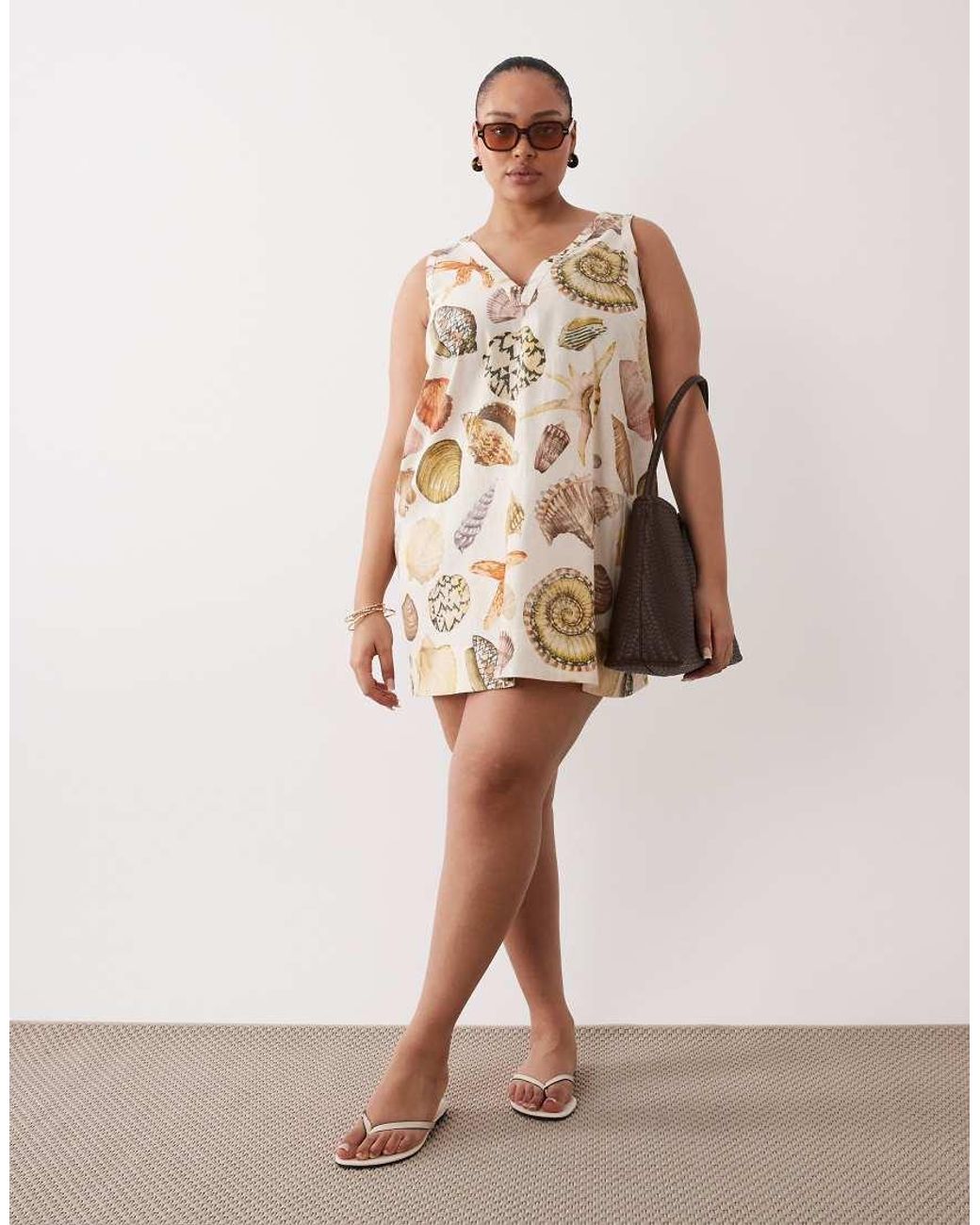 ASOS Brown Asos Design Curve Cotton Linen V Neck Smock Mini Dress