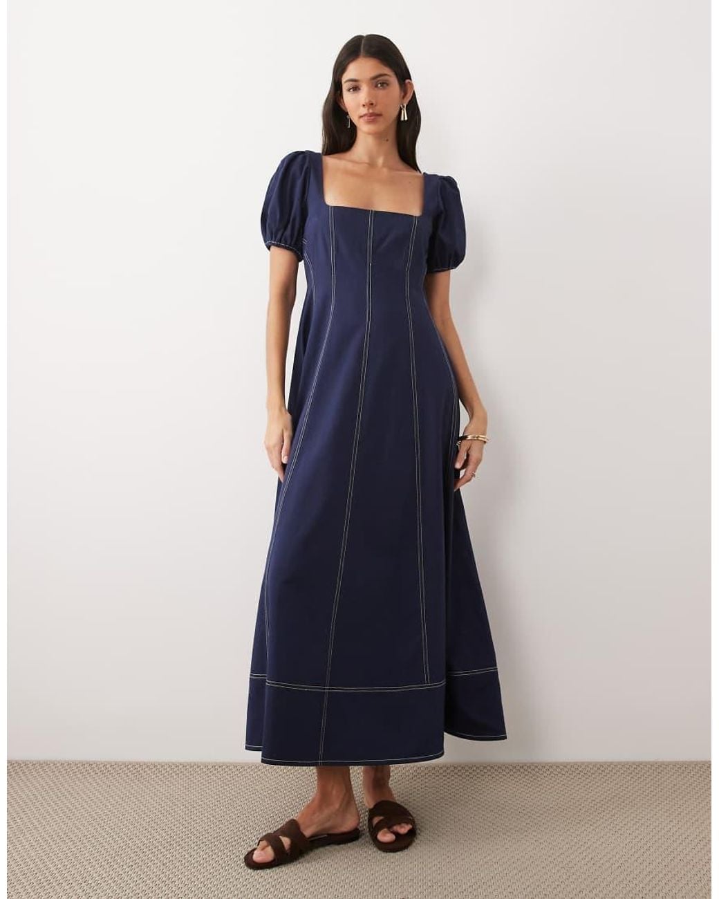 ASOS Blue Square Neck Puff Sleeve Maxi Dress With Contrast Stitch Seam Detailing
