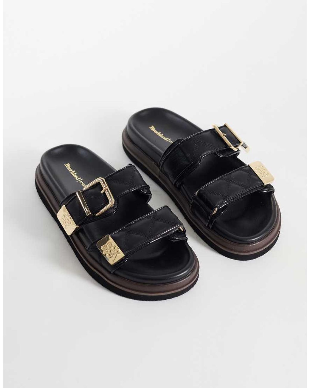 River Island Black Quilted Double Strap Footbed Sandals