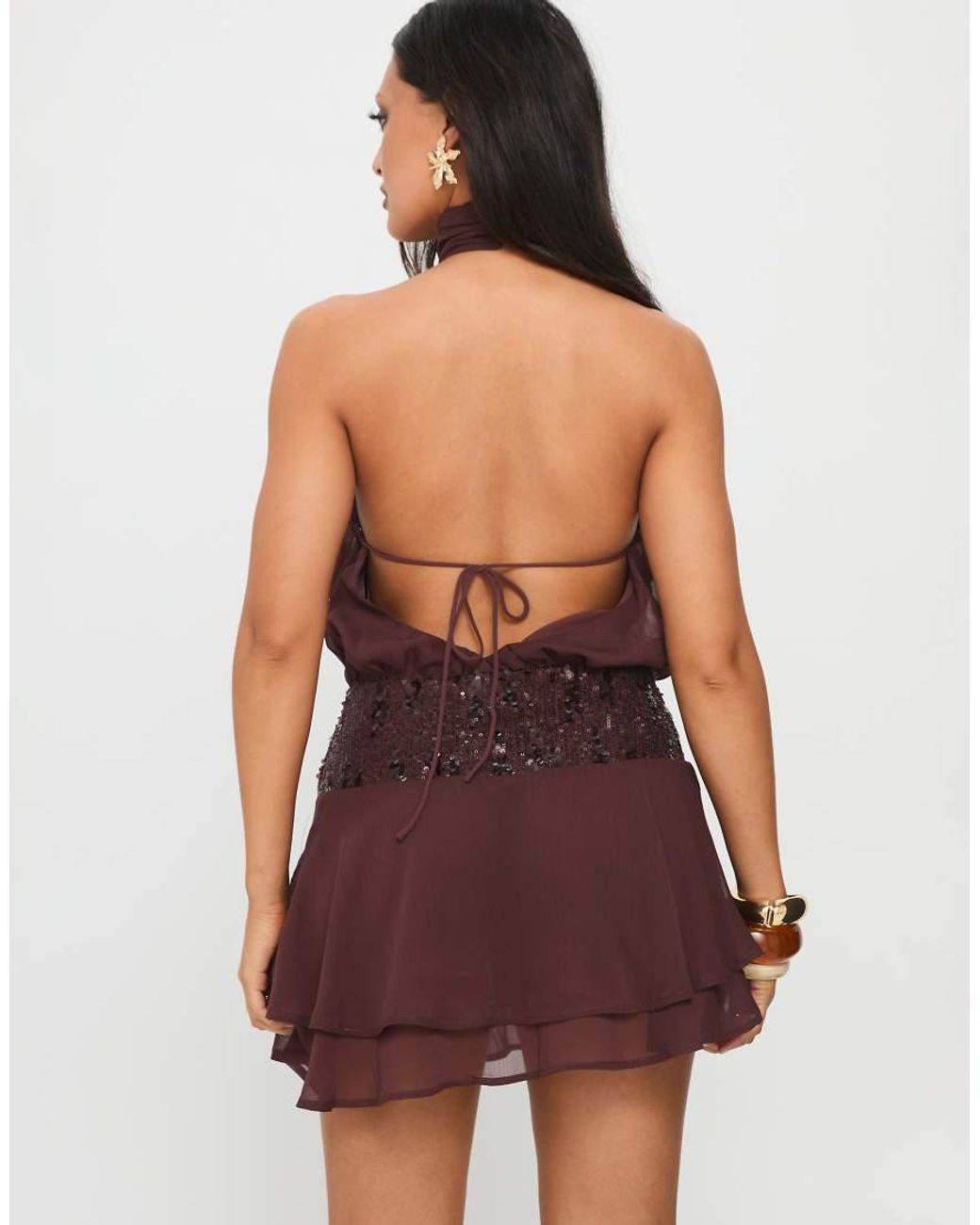 Princess Polly Brown Zenayda Chiffon High Neck Sequin Detail Low Back Mini Dress
