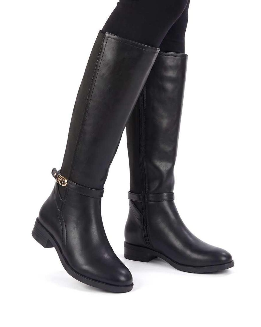 SEQWL Black Knee High Riding Boots Stretch Back With Buckle Ankle Strap