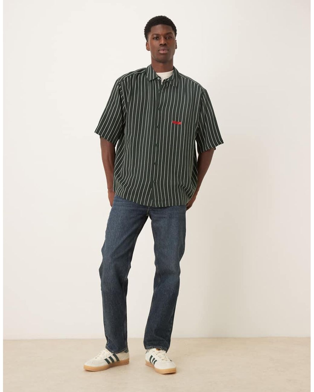 ASOS Green Oversized Stripe Shirt With Chest Embroidery for men