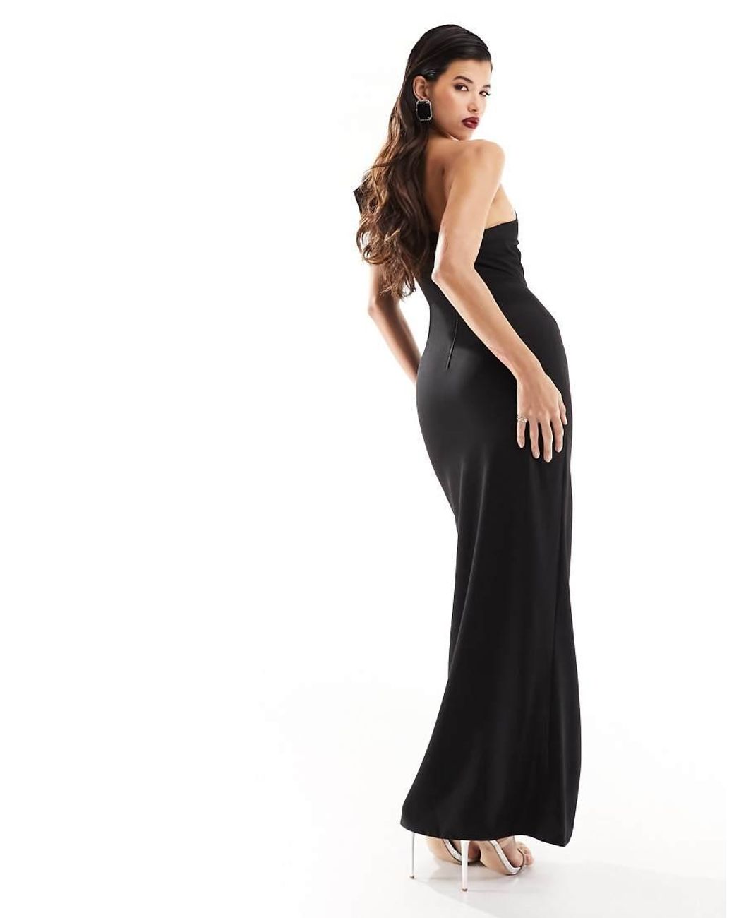 Vesper Black Bengaline Contrast Satin Bow Thigh Spilt Maxi Dress