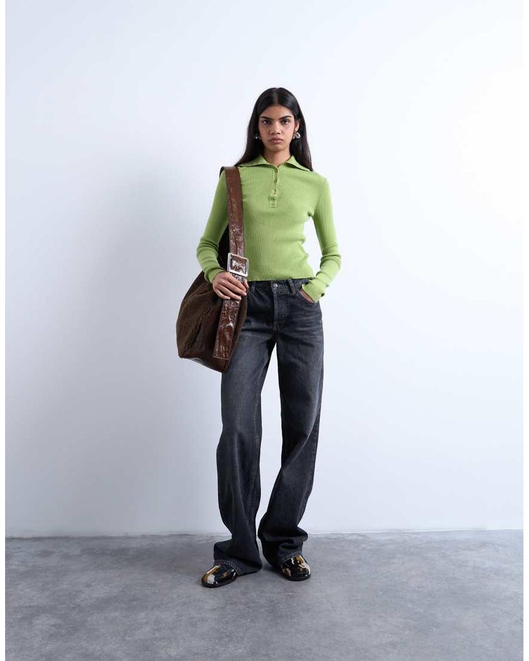 TOPSHOP Green Knitted Rib Collar Polo