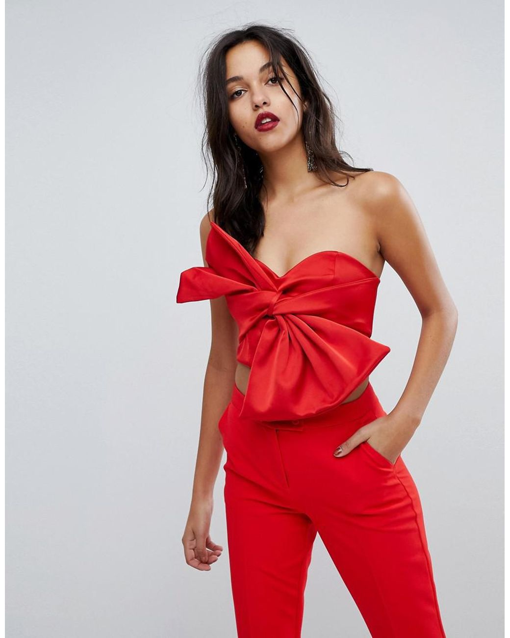 River Island Oversized Bow Front Bandeau Crop Top in Red Lyst