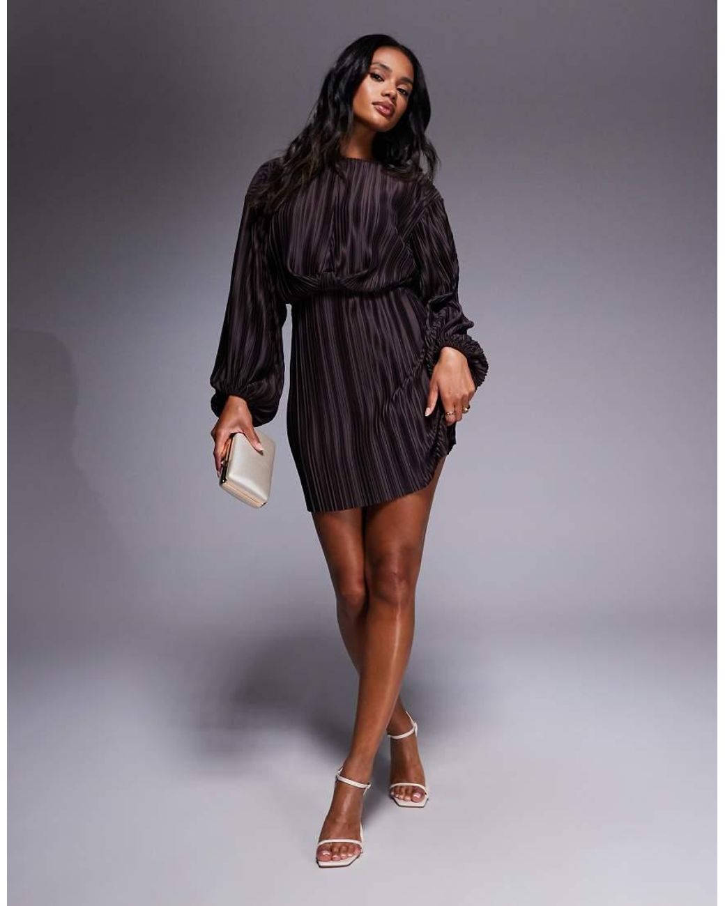 ASOS Purple Plisse Blouson Sleeve And Waist Mini Dress